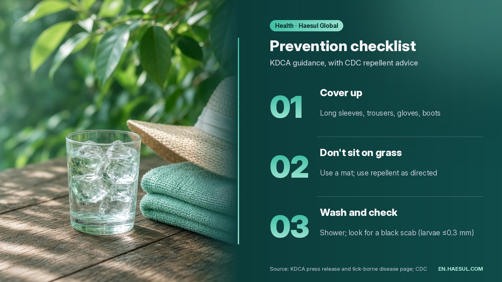 Prevention checklist: cover up, don't sit on grass and use repellent, then wash clothes, shower and check for a black scab